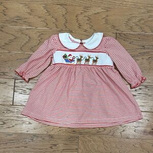 Red and White Striped Embrioidered Christmas Dress with Santa and Reindeer